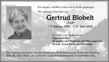 Traueranzeige von Gertrud Blobelt von Allgäuer Anzeigeblatt
