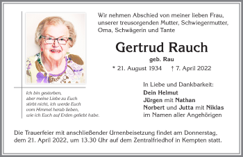 Traueranzeige von Gertrud Rauch von Allgäuer Zeitung,Kempten