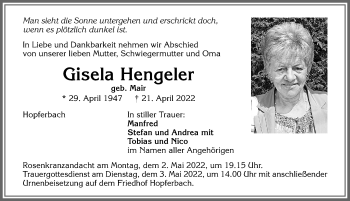 Traueranzeige von Gisela Hengeler von Allgäuer Zeitung,Kempten