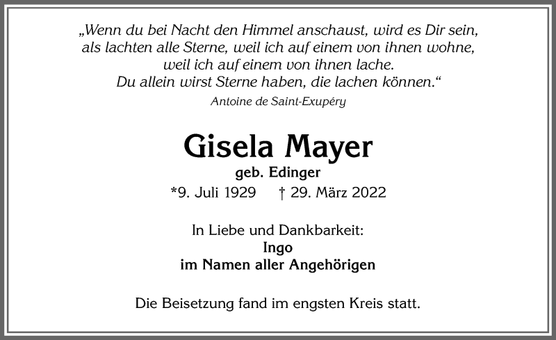  Traueranzeige für Gisela Mayer vom 08.04.2022 aus Memminger Zeitung