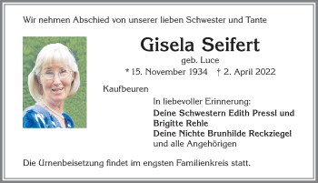 Traueranzeige von Gisela Seifert von Allgäuer Zeitung, Kaufbeuren/Buchloe