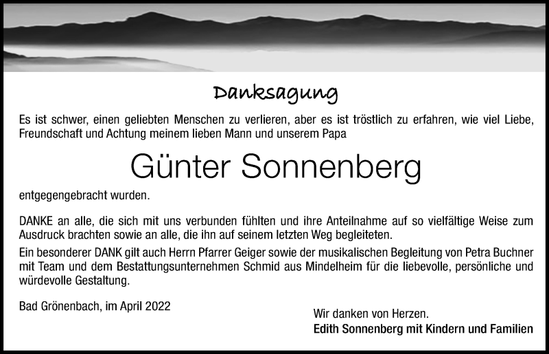  Traueranzeige für Günter Sonnenberg vom 05.04.2022 aus Memminger Zeitung
