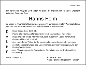 Traueranzeige von Hanns Heim von Der Westallgäuer