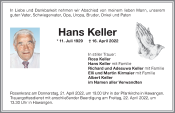 Traueranzeige von Hans Keller von Memminger Zeitung