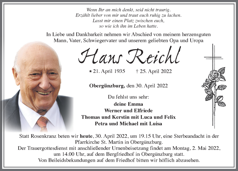  Traueranzeige für Hans Reichl vom 30.04.2022 aus Allgäuer Zeitung, Marktoberdorf