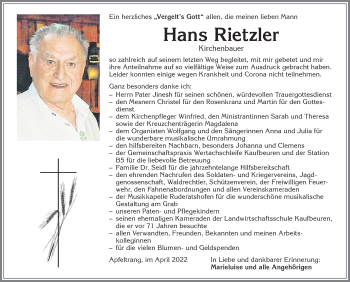 Traueranzeige von Hans Rietzler von Allgäuer Zeitung, Marktoberdorf