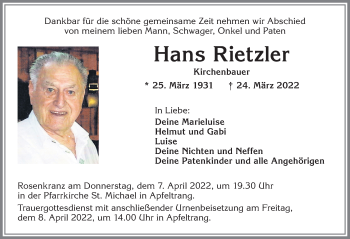 Traueranzeige von Hans Rietzler von Allgäuer Zeitung, Marktoberdorf