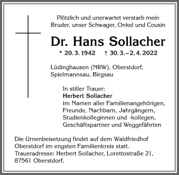 Traueranzeige von Hans Sollacher von Allgäuer Anzeigeblatt