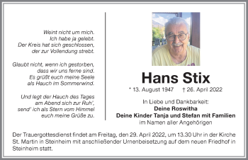 Traueranzeige von Hans Stix von Memminger Zeitung