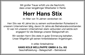 Traueranzeige von Hans Stix von Memminger Zeitung