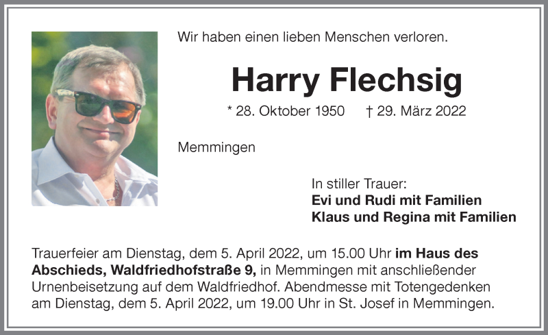  Traueranzeige für Harry Flechsig vom 02.04.2022 aus Memminger Zeitung