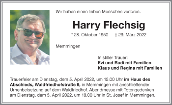Traueranzeige von Harry Flechsig von Memminger Zeitung