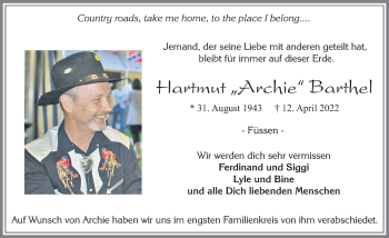 Traueranzeige von Hartmut Barthel von Allgäuer Zeitung, Füssen