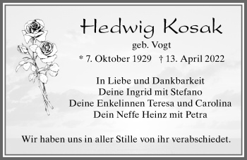 Traueranzeige von Hedwig Kosak von Allgäuer Zeitung, Marktoberdorf