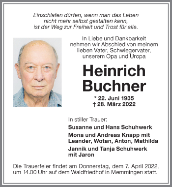 Traueranzeige von Heinrich Buchner von Memminger Zeitung