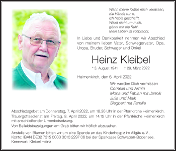 Traueranzeige von Heinz Kleibel von Der Westallgäuer