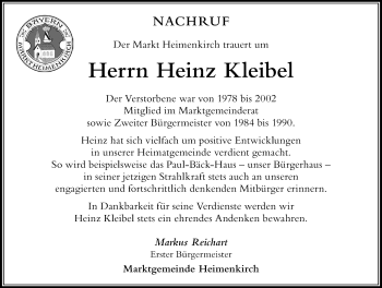 Traueranzeige von Heinz Kleibel von Der Westallgäuer