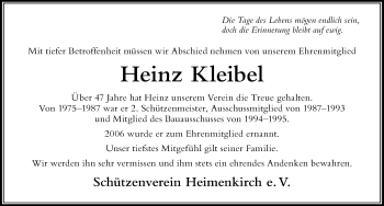 Traueranzeige von Heinz Kleibel von Der Westallgäuer