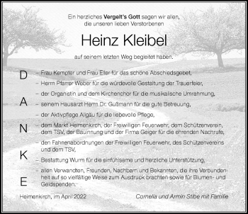 Traueranzeige von Heinz Kleibel von Der Westallgäuer