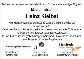 Traueranzeige von Heinz Kleibel von Der Westallgäuer