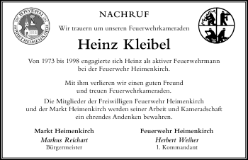 Traueranzeige von Heinz Kleibel von Der Westallgäuer