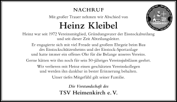 Traueranzeige von Heinz Kleibel von Der Westallgäuer