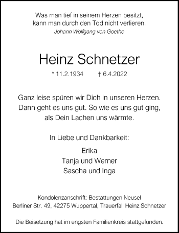 Traueranzeige von Heinz Schnetzer von Allgäuer Zeitung,Kempten