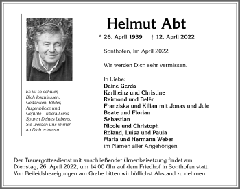Traueranzeige von Helmut Abt von Allgäuer Anzeigeblatt