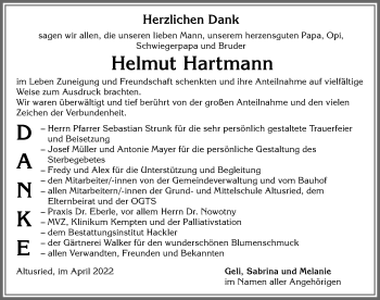 Traueranzeige von Helmut Hartmann von Allgäuer Zeitung,Kempten