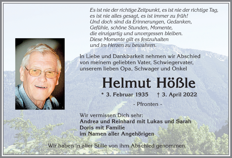  Traueranzeige für Helmut Hößle vom 08.04.2022 aus Allgäuer Zeitung, Füssen