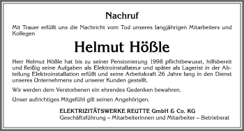 Traueranzeige von Helmut Hößle von Allgäuer Zeitung, Füssen