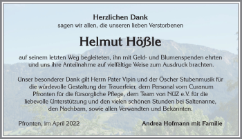 Traueranzeige von Helmut Hößle von Allgäuer Zeitung, Füssen