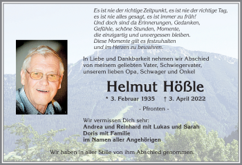 Traueranzeige von Helmut Hößle von Allgäuer Zeitung, Füssen