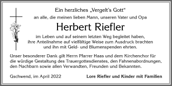 Traueranzeige von Herbert Riefler von Allgäuer Zeitung, Füssen