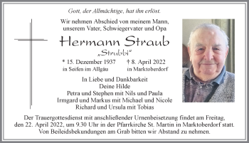 Traueranzeige von Hermann Straub von Allgäuer Zeitung, Marktoberdorf