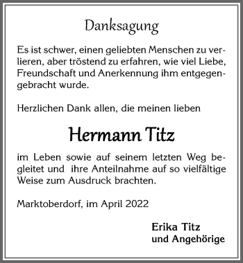 Traueranzeige von Hermann Titz von Allgäuer Zeitung, Marktoberdorf