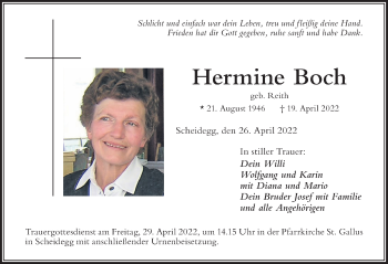 Traueranzeige von Hermine Boch von Der Westallgäuer