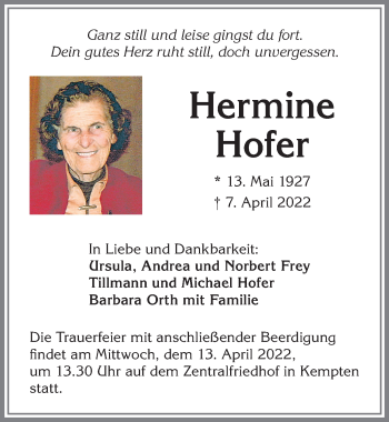 Traueranzeige von Hermine Hofer von Allgäuer Zeitung,Kempten