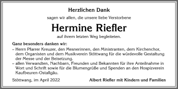 Traueranzeige von Hermine Riefler von Allgäuer Zeitung, Kaufbeuren/Buchloe