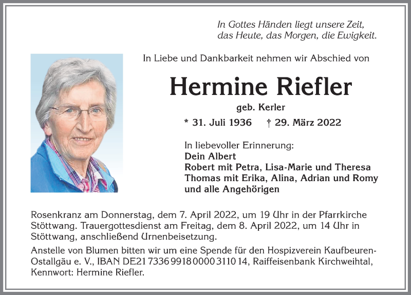 Traueranzeige für Hermine Riefler vom 05.04.2022 aus Allgäuer Zeitung, Kaufbeuren/Buchloe