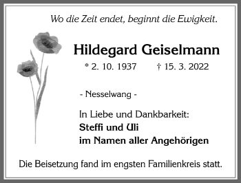 Traueranzeige von Hildegard Geiselmann von Allgäuer Zeitung, Füssen