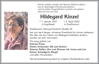 Traueranzeige von Hildegard Kinzel von Allgäuer Zeitung, Kaufbeuren/Buchloe