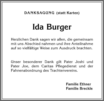 Traueranzeige von Ida Burger von Allgäuer Anzeigeblatt