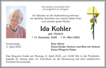 Traueranzeige von Ida Kohler von Allgäuer Anzeigeblatt