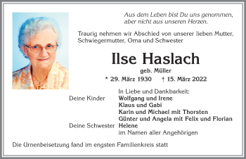 Traueranzeige von Ilse Haslach von Allgäuer Zeitung,Kempten