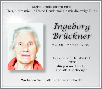 Traueranzeige von Ingeborg Brückner von Allgäuer Zeitung, Marktoberdorf