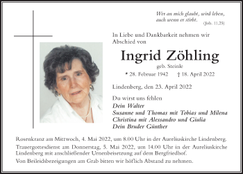 Traueranzeige von Ingrid Zöhling von Der Westallgäuer