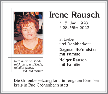 Traueranzeige von Irene Rausch von Memminger Zeitung