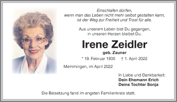 Traueranzeige von Irene Zeidler von Memminger Zeitung