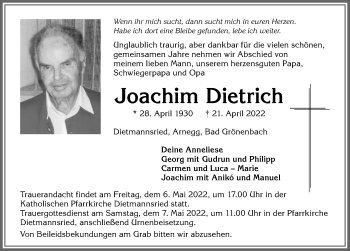 Traueranzeige von Joachim Dietrich von Allgäuer Zeitung,Kempten
